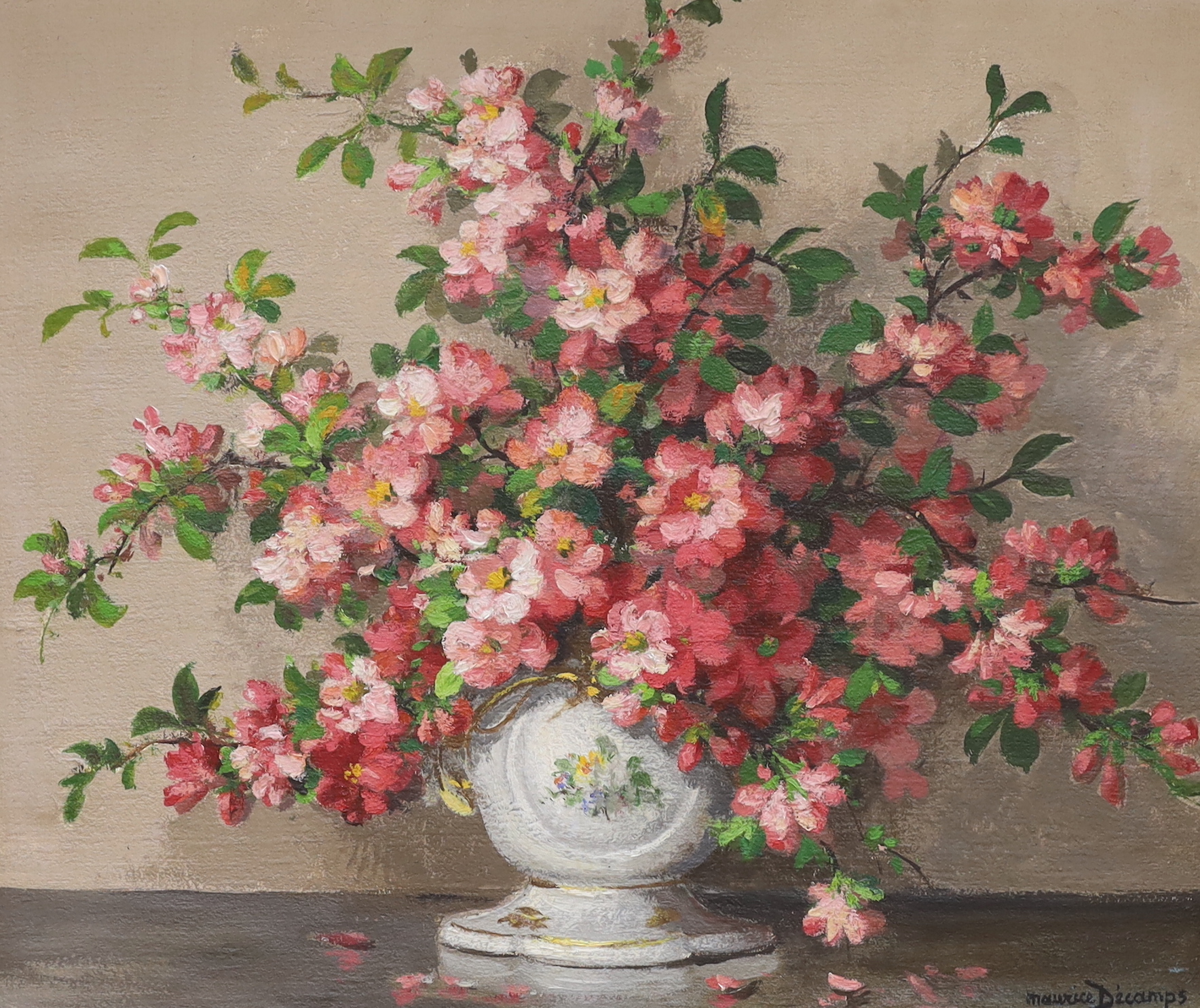 Maurice Decamps (French, 1892-1953), oil on canvas, Still life of flowers in a porcelain vase, signed, 45 x 53, ornate gilt framed